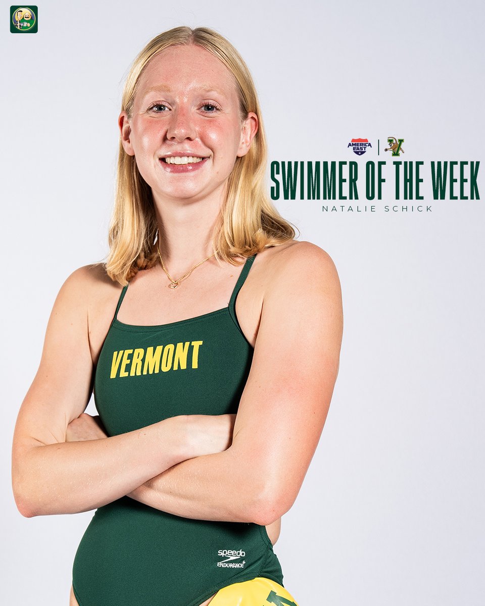 UVMSwimming's tweet photo. 𝐀𝐦𝐞𝐫𝐢𝐜𝐚 𝐄𝐚𝐬𝐭 𝗦𝘄𝗶𝗺𝗺𝗲𝗿 𝐨𝐟 𝐭𝐡𝐞 𝐖𝐞𝐞𝐤 😼
Natalie Schick collects her first #AESW Swimmer of the Week honor in her first week as a Catamount!
She won the 200 Back and was 2nd in the 100 Back at Northeastern Saturday, both in league-best time.
#LetsRally https://t.co/AQcwiLQK9e