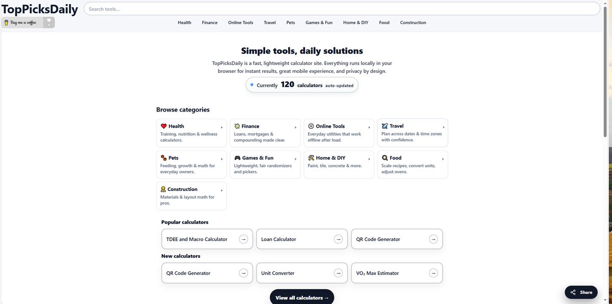 TopPicksDailly's tweet image. Just launched: fast, clean calculators you can use on your phone.
Health • Finance • Travel — 120+ tools and adding new ones daily.
Try them now: toppicksdaily.io
#calculator #healthcalculator #financecalculator #onlinetools #webapp #productivitytools #fitnesstools