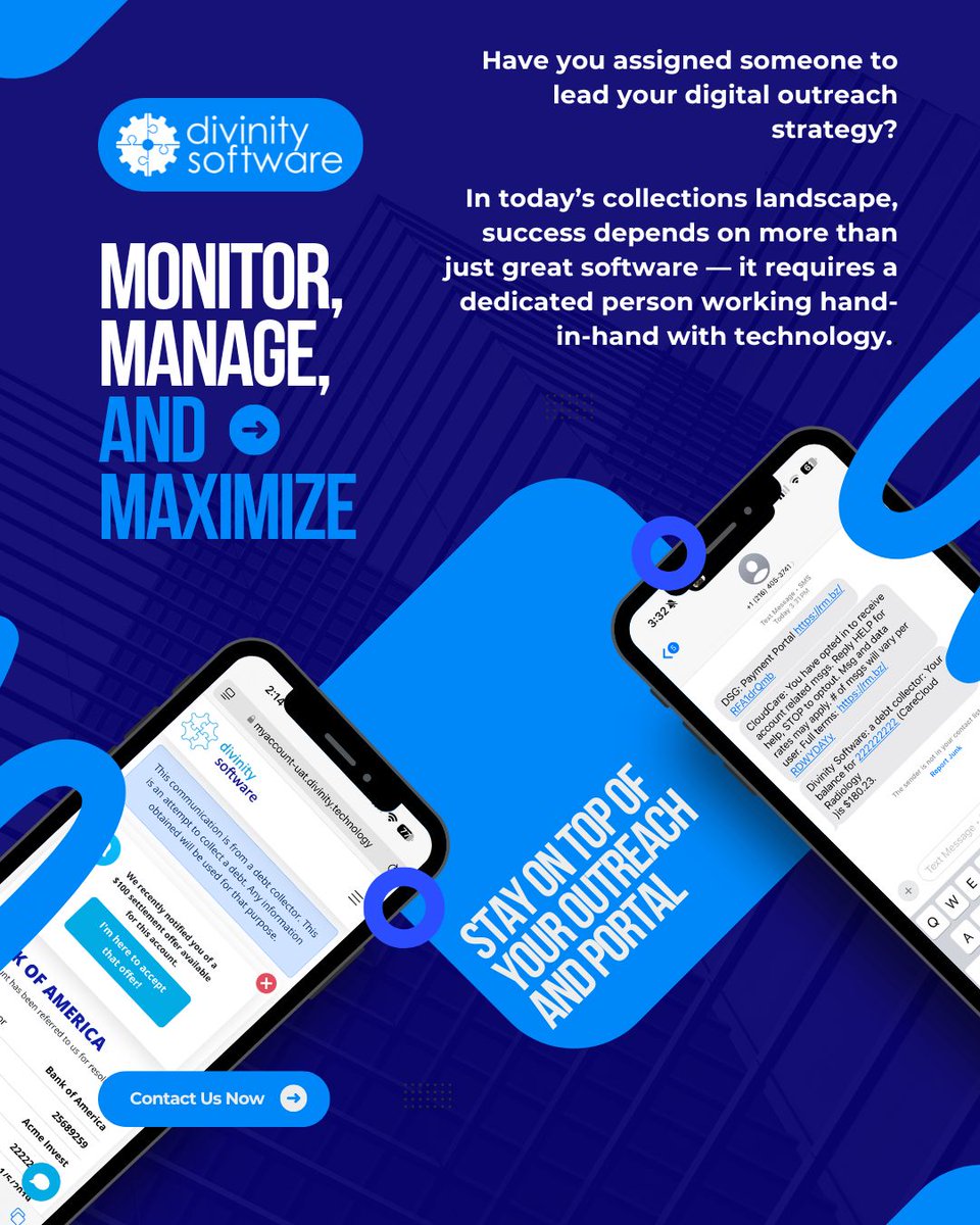 divinity_group's tweet image. Every collection agency needs the right tools — and the right people to use them.
Have you assigned someone to work alongside Divinity Software to manage your digital outreach?

The future of collections is digital. Let’s make sure your team is ready for it.

#Collections