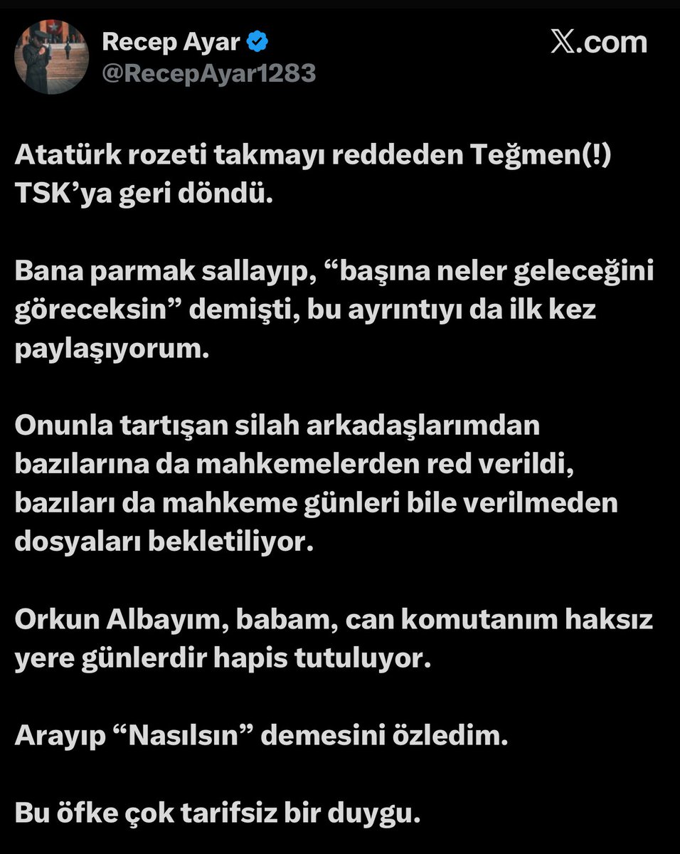 Tuzla Piyade Okul Komutanlığı’nda tören sırasında yakasına Atatürk fotoğrafı takmayı reddeden Piyade Teğmen A.A. ile tartışmasından sonra ihraç edilen teğmen Recep Ayar, tehdit edildiğini sosyal medya hesabı üzerinden duyurdu.