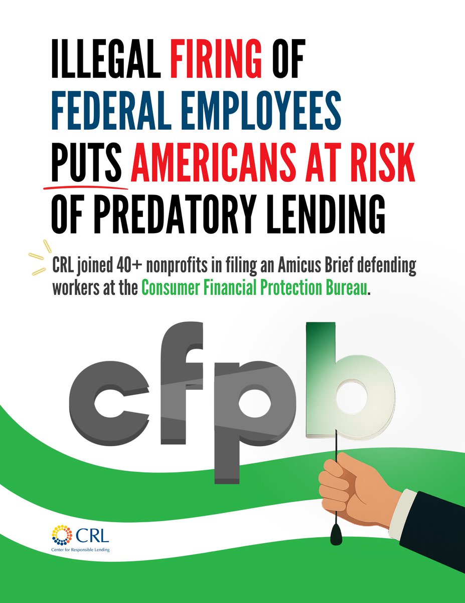 CRLONLINE's tweet image. Illegal firing of federal employees puts Americans at risk of predatory lending! #DefendCFPB
CRL signed onto an amicus brief supporting NTEU’s request for en banc review at the US Court of Appeals for the DC Circuit. Learn more and read the brief: loom.ly/prJcYp8