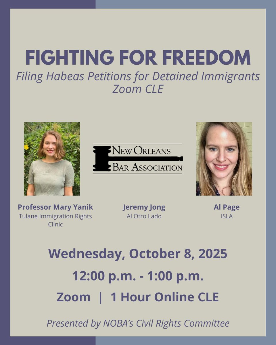 This free CLE on 10/8 will walk attorneys through the fundamentals of filing habeas corpus petitions to challenge the unlawful detention of immigrants in ICE custody. Participants will learn the framework, practical  tips, &amp; strategies for emergency stays. bit.ly/48l8pbk