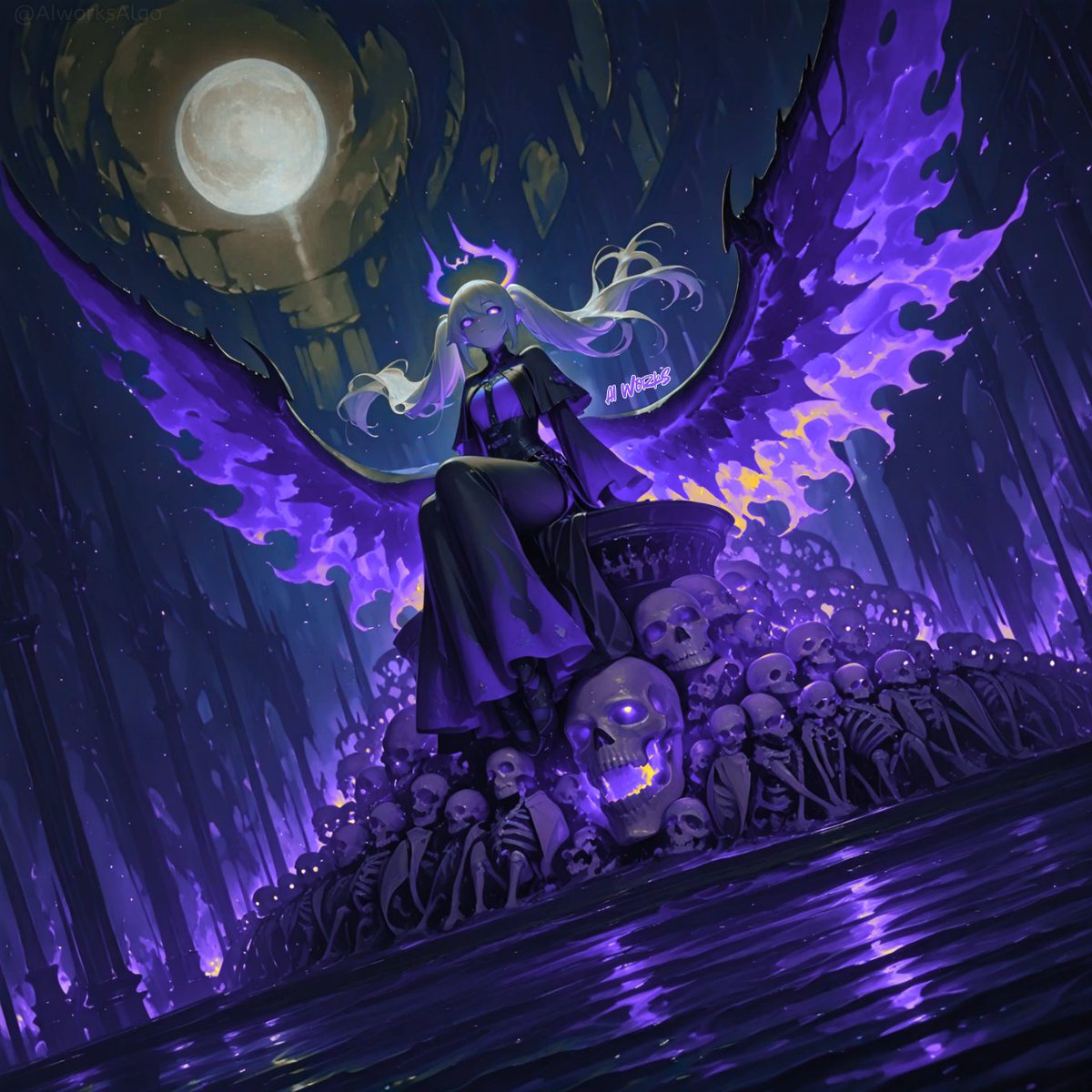 AIworksAlgo's tweet image. Beneath the moon's violet gaze, I reign on whispers of the dead—eternal night, my velvet crown.💀