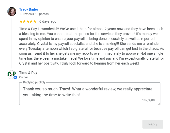 timeandpay's tweet photo. What a wonderful review from Tracy at Hometown Tradition!  Amazing work from Crystal Hensley for inspiring this perfect testimonial!

#payroll #smallbusiness #customerservice #payrollispersonal https://t.co/7Ra52VdDtR