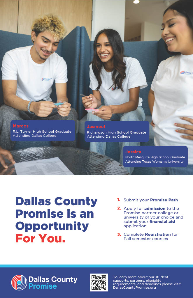Irving ISD Seniors, did you know you can attend college with your tuition covered at select schools? 💡 The Dallas County Promise Last-Dollar Tuition Grant covers tuition costs for students who participate in eligible schools in Texas. Submit your Promise Path by February 4 to
