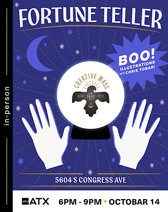 aigaaustin's tweet photo. Get spooky with us for Boo! Illustrations 👻 - a haunting edition of Creative Mass, OcTobar 14, 6-9 PM at Fortune Teller 🔮 (5604 S Congress Ave)!

For updates, check #creativemass on AIGA ATX Slack. https://t.co/gPBC6V3XTy