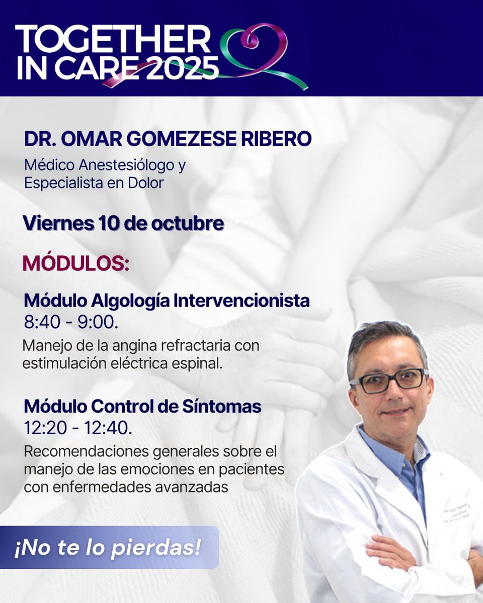 ⏳🔜Jueves 9 y viernes 10 de octubre en San José CR 🇨🇷

Congreso Together in Care 💙

El Dr. Omar Gomezese Rivero desde Colombia nos acompañará junto a líderes de opinión en CP y Dolor de Costa Rica, México, y El Salvador

¡Te esperamos !