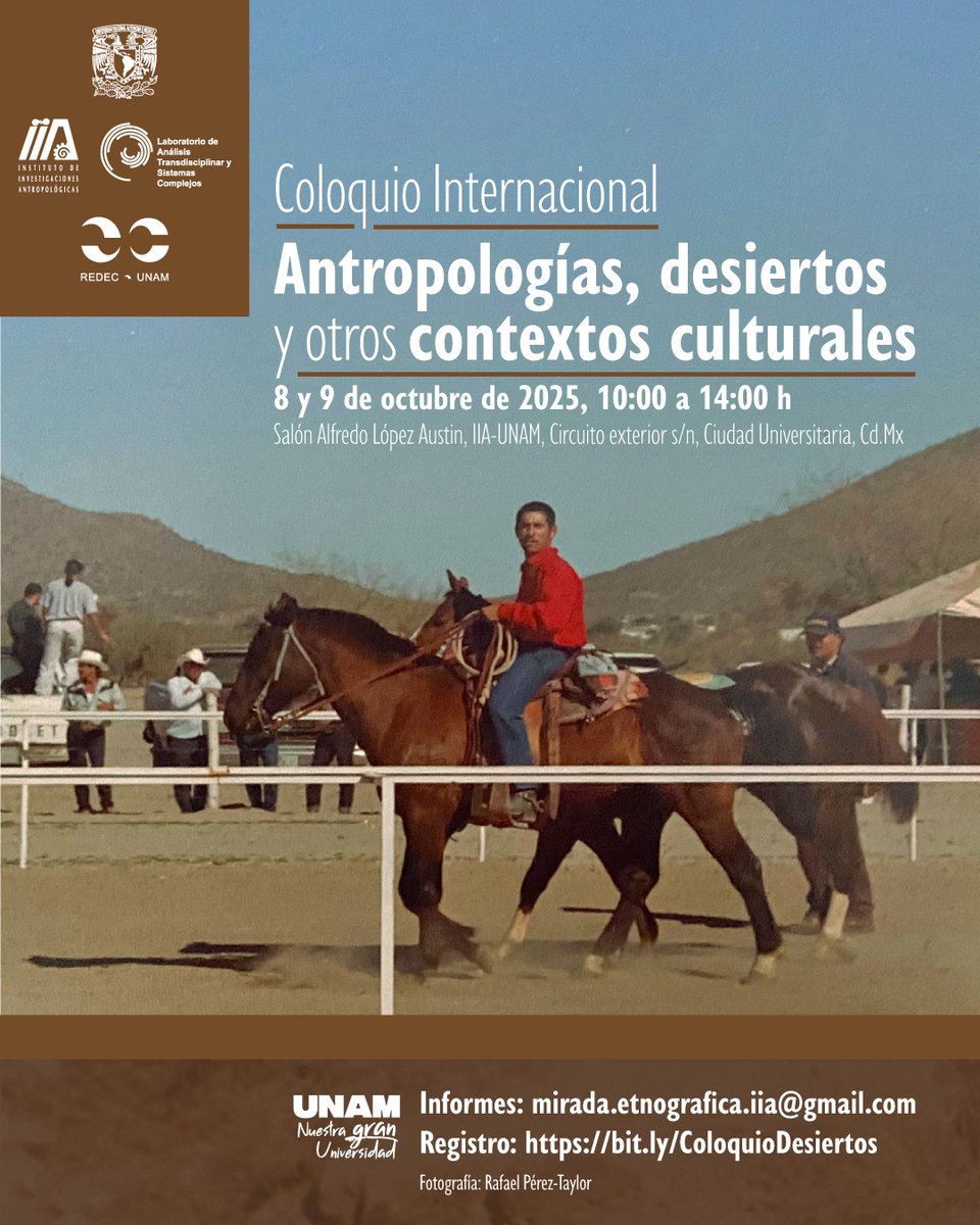 iiaunam's tweet photo. * La ampliación de los frentes colonizadores en el territorio amazónico
📅 8 oct | 17–19h
📍 IIA-UNAM y Zoom

* Coloquio Internacional: Antropologías, desiertos y otros contextos culturales
📅 8–9 oct | 10–14h
📍 IIA-UNAM
🔗Más info: https://t.co/59DR9lvQFZ
#IIAUNAM #Antropología https://t.co/8wwy9j84Mp