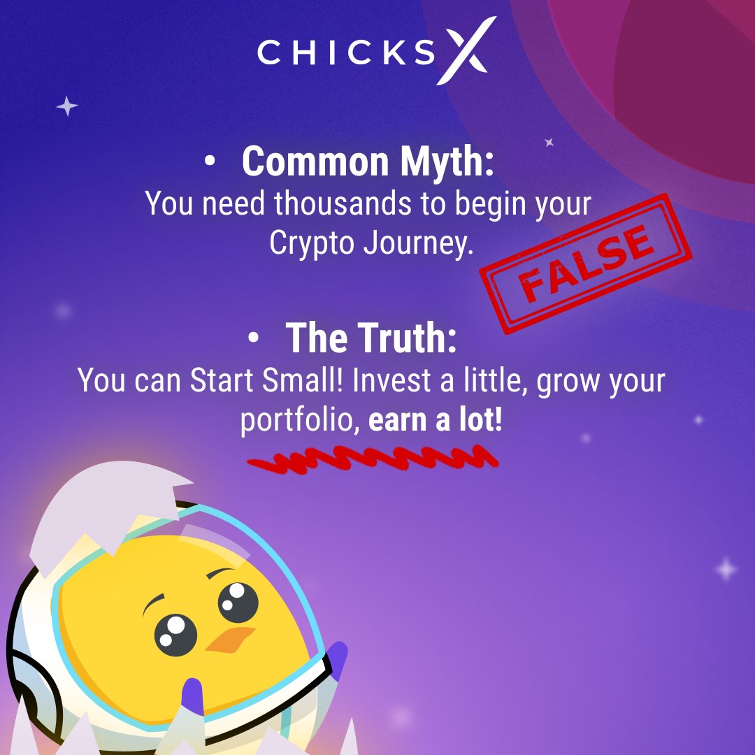 ChicksXcrypto's tweet photo. Think you need to grow your bank before you begin your crypto journey? 🤔 Think again!
With ChicksX, you can start your journey small and at your own pace, earning as you go! 😎
#chicksx #cryptocurrency #investments https://t.co/FqQ3zqbZoi