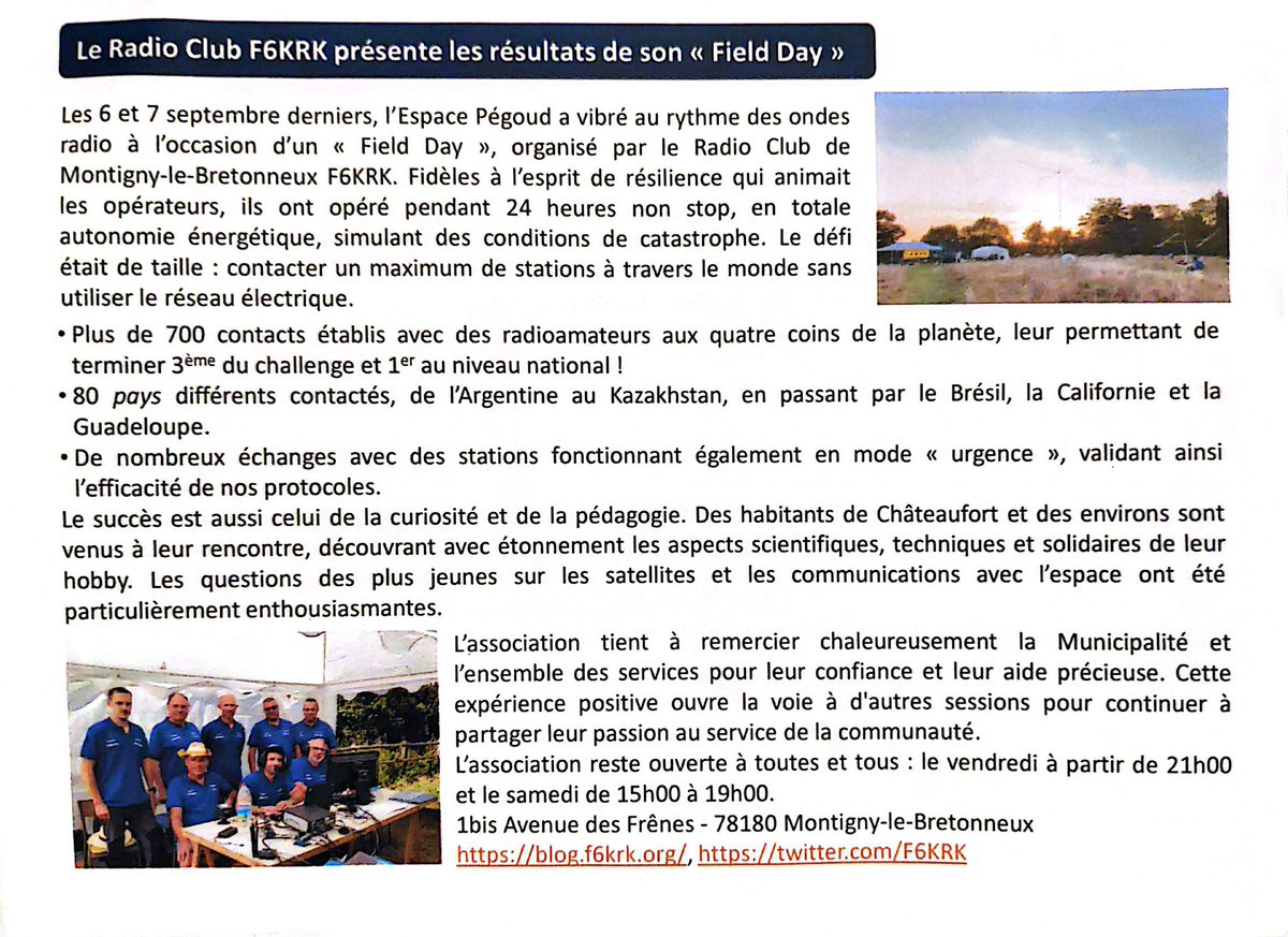 On parle de nous ! 🔊
Merci à la Ville de Châteaufort (78) pour l’accueil sur l’espace Pégoud durant le Field Day R1 SSB.
L’équipe F6KRK reprend goût au portable 🌲📡
Un simple rodage… ou les prémices de grandes expéditions à venir ? 😉
#hamradio #FieldDay #F6KRK #Contest