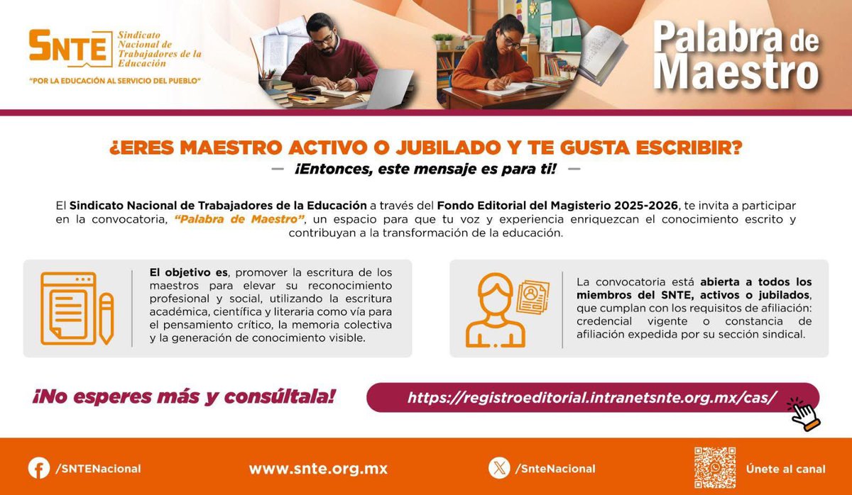 snteseccion32's tweet photo. 📚 Convocatoria Nacional “Palabra de Maestro” 2025–2026

El Sindicato Nacional de Trabajadores de la Educación invita a todas y todos los trabajadores de la educación, activos y jubilados, a participar en la… https://t.co/XOuuxyf25T

#SNTE #SNTE32 #EquipoPolítico https://t.co/3kamUdpKi8