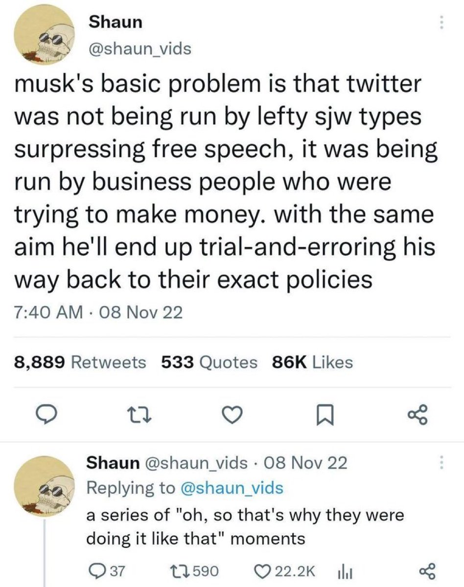 souljagoyteller's tweet image. The reason this prediction flopped is simple: Musk did not buy Twitter as a business decision. He bought it as an ideological project
