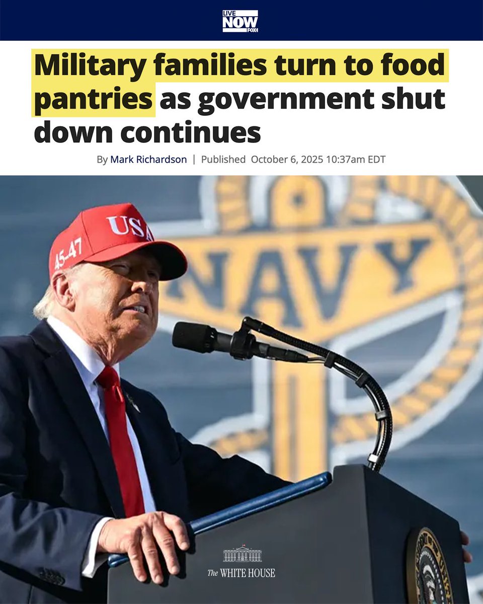 WhiteHouse's tweet photo. Democrats continue to fight for criminal illegal aliens while military families turn to food pantries as the Democrat Shutdown continues… https://t.co/uKfZMMptGs