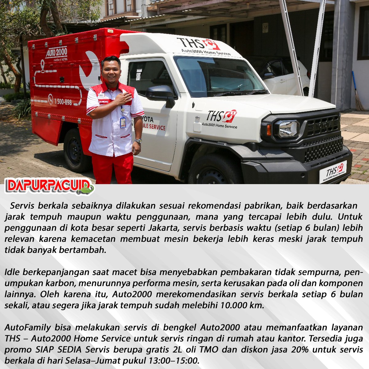 Dapurpacu_id's tweet image. 🚗💡 Jangan tunggu 10.000 km dulu baru servis! Meski jarak tempuh sedikit, mesin tetap bekerja keras saat macet. Makanya, servis berkala setiap 6 bulan jauh lebih ideal untuk kamu yang sering berkendara di kota besar.

#auto2000 #autofamily #toyotafamily #servisberkala
