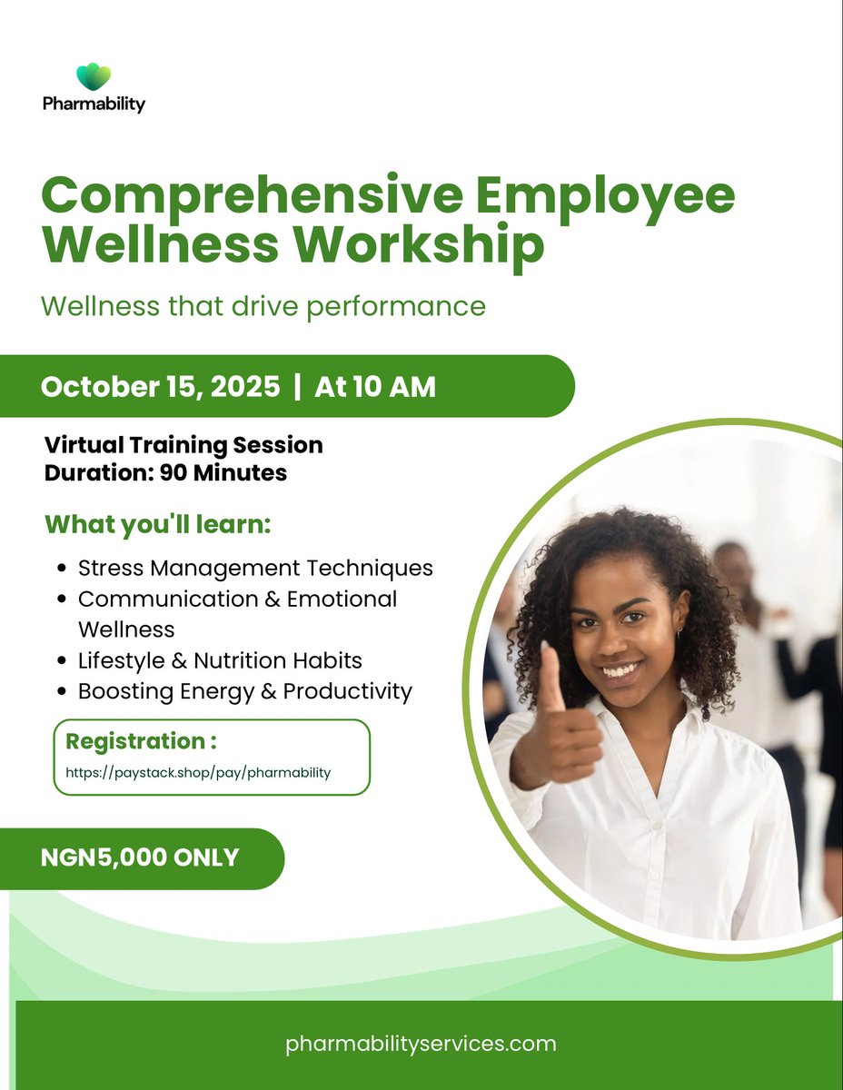 Join Pharmability’s Comprehensive Employee Wellness Workshop
🗓 Oct 15 | 🕙 10 AM | 💻 Virtual

You’ll learn practical tools for:
⚡ Stress management
💬 Emotional &amp; communication wellness
🥗 Lifestyle &amp; nutrition balance
🚀 Boosting productivity