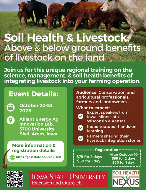 Heads up! Registration for Soil Health &amp; Livestock (Oct 22–23 in Ames, IA) increases after Oct 10—from $50 for 1 day and $75 for two days to $60 for 1 day and $99 for two.
🐮Learn how livestock boost soil biology, rotations &amp; conservation!
Sign up now: go.wisc.edu/454hz6