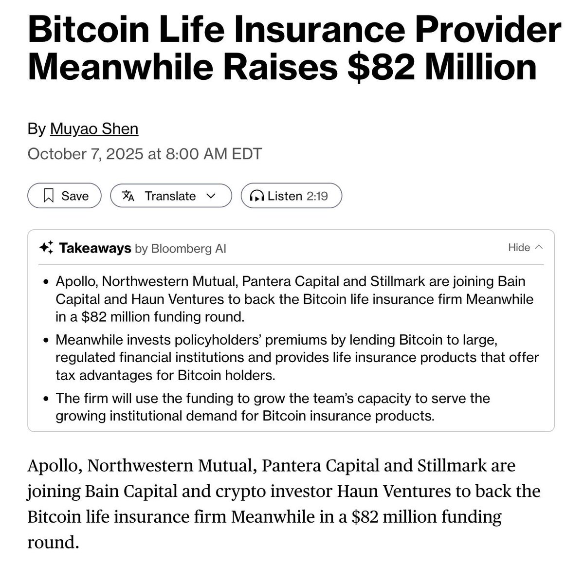 This will become the trend with companies with real products adding BTC -  here is @meanwhilelife a Bitcoin-denominated life insurance. Adding BTC to  other “life assets” is the utility play for BTC.