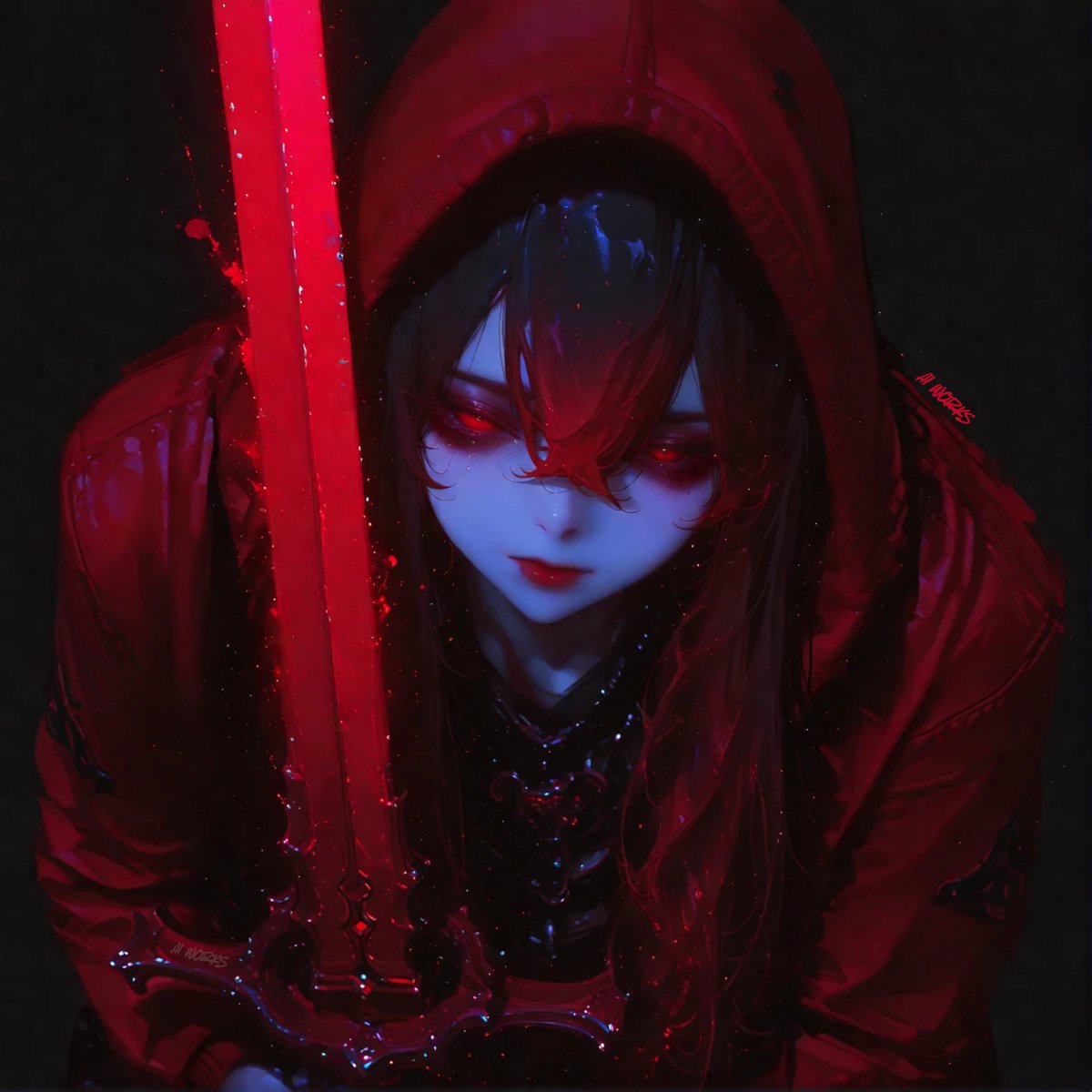 AIworksAlgo's tweet image. Crimson cowl cloaks the chaos I wield, blade's red gleam like a promise sealed; eyes aglow in the galaxy's night, saber sings of shadows' spite.