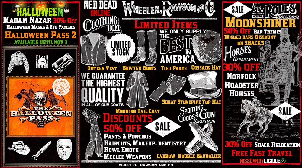 WheelerRawsonCo's tweet photo. Spooky season is here &amp; so is #HalloweenPass2

Madam Nazar has 30% off #HalloweenMasks 

The Barbers have 50% off services &amp; you can grab a 10 gold bar discount on your #Moonshiner shack

Plus the return of some of the finest quality #Limiteditems 
#RedDeadOnline #RockstarGames https://t.co/3PthysTLoE