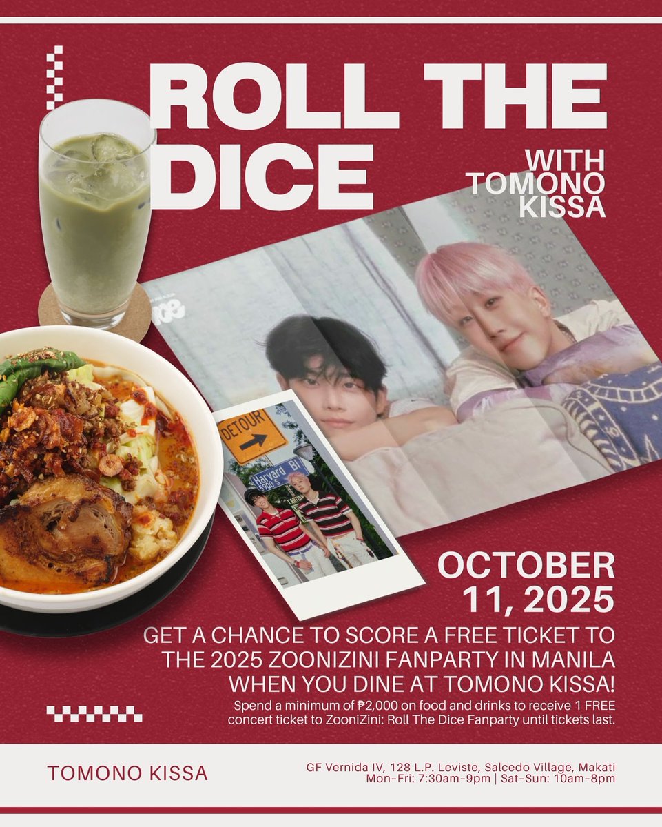 TomonoKissa's tweet photo. 🎲ROLL THE DICE WITH TOMONO KISSA! 🎲
ZooniZini fans, this one’s for you! 💚✨

We’re turning your meal into a once-in-a-lifetime fan moment! Get a chance to score a FREE ticket to the 2025 ZooniZini Fanparty in Manila when you dine in at Tomono Kissa! 🇯🇵🎶 https://t.co/WPJQz690mZ