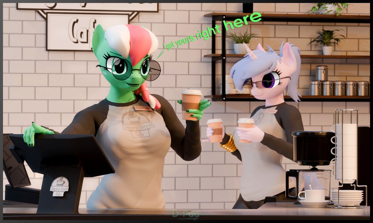 ☕ Early Morning Drink 🤍  

"I know just the place"  
Pepper and Steamy picking up a few shifts at a cute cafe.  

Steamy - <a href="/SteamyArt/">SteamyArt</a> 

Pepper - <a href="/valonbunny/">Valon 🔞</a>.bsky.social