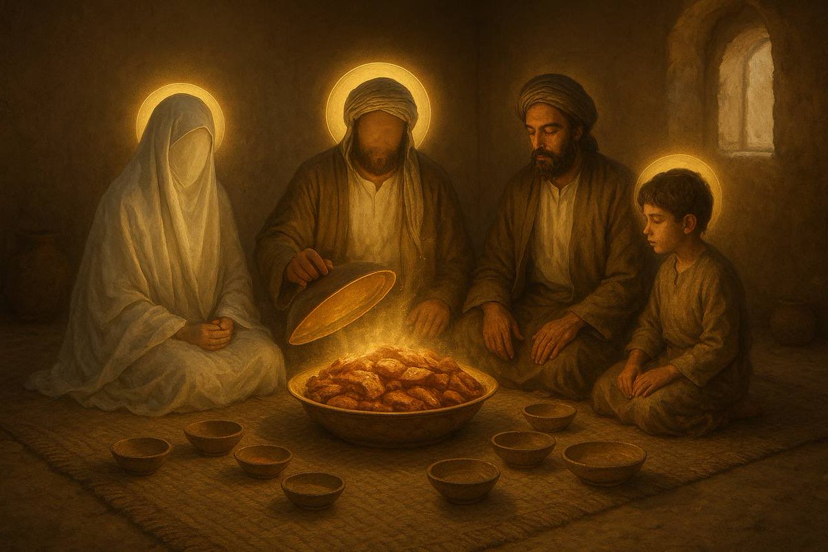 alaalservant's tweet photo. كتب الزمخشري في تفسيره الكشّاف عند ذِكر قصّة زكريّا ومريم عليهما السلام:

عن النبيّ ﷺ أنّه جاع في زمن قحط، فأهدَتْ له فاطمة عليها السلام رغيفَين وبضعة لحمٍ آثَرَته بها.

فرجع بها إليها، فقال:
«هَلُمّي يا بُنيّة».

وكشف عن الطبق فإذا هو مملوءٌ خبزًا ولحمًا!
ف��َلِمت فاطمة أنّها نزلت من عند الله.

فقال لها رسول الله ﷺ :
«الحمدُ لله الذي جعلكِ شبيهةَ سيّدة نساء بني إسرائيل».

ثم جمع رسول الله ﷺ عليَّ بن أبي طالب والحسن والحسين وجميع أهل بيته، 

فأكلوا حتى شبعوا، وبقي الطعام كما هو. 

ثم وسّعت فاطمة على جيرانها.

 #المعجزات_الباهرة_للصدِّيقة_الطاهرة
