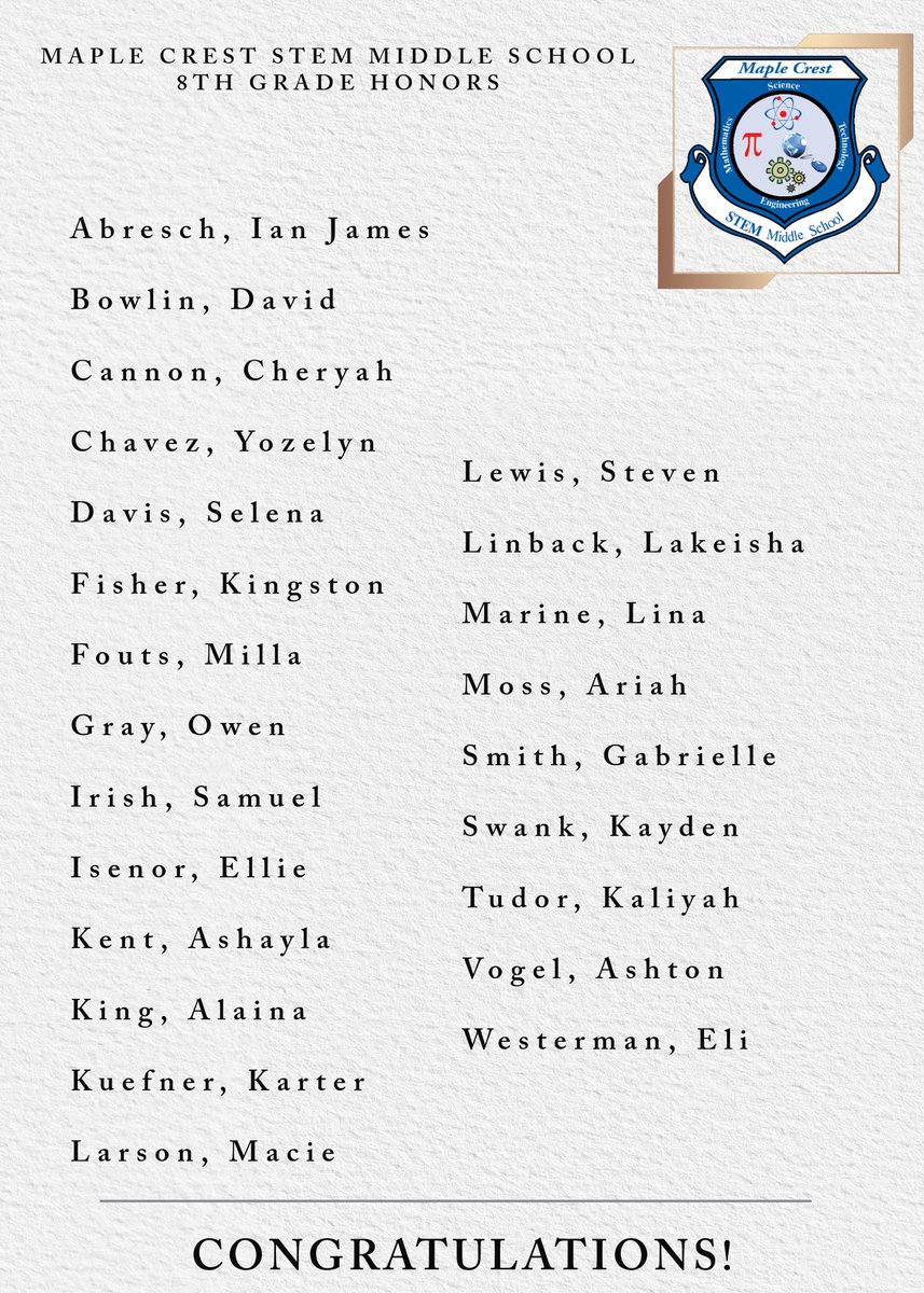 MapleCrestSTEM's tweet image. Congratulations to our 6th, 7th, and 8th grade HONORS scholars! We’re so proud to recognize the hard work, dedication, and academic excellence of our students who have earned a place on the Honor Roll this grading period! ❤️💙