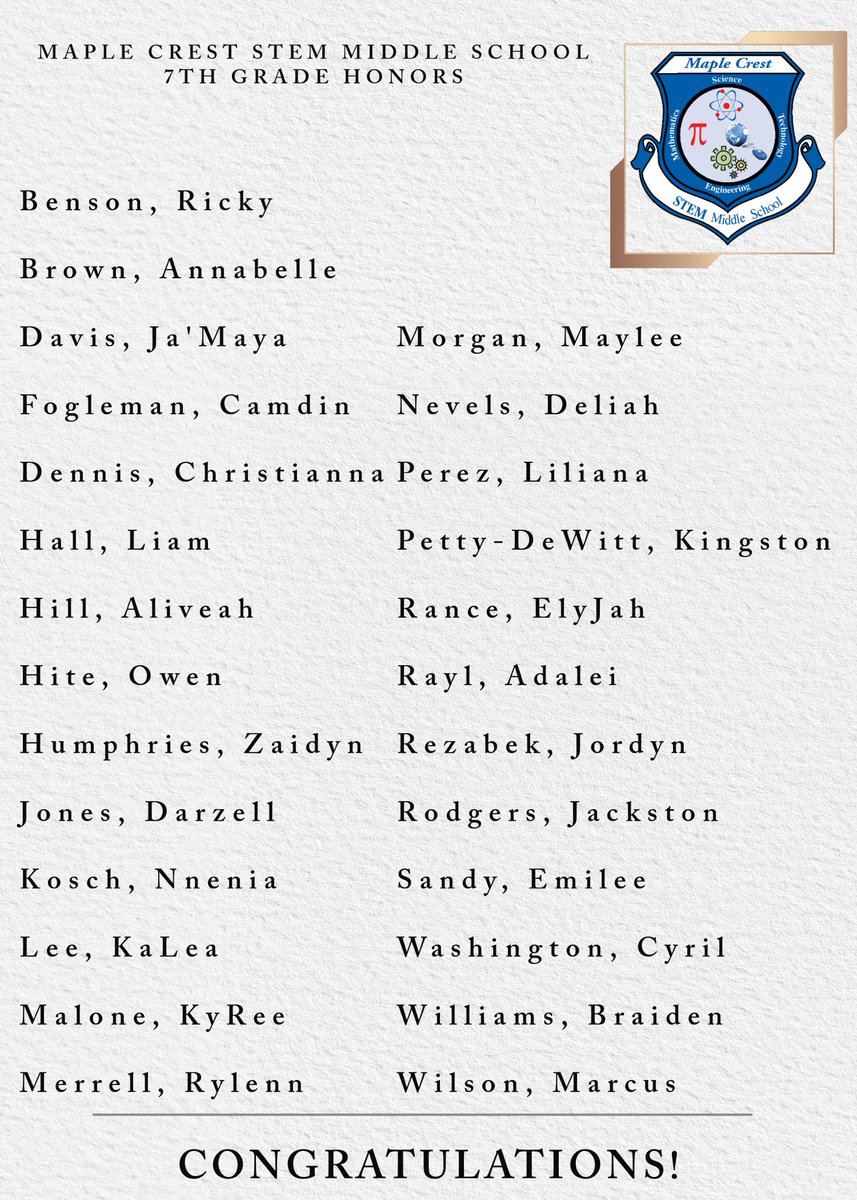 MapleCrestSTEM's tweet image. Congratulations to our 6th, 7th, and 8th grade HONORS scholars! We’re so proud to recognize the hard work, dedication, and academic excellence of our students who have earned a place on the Honor Roll this grading period! ❤️💙