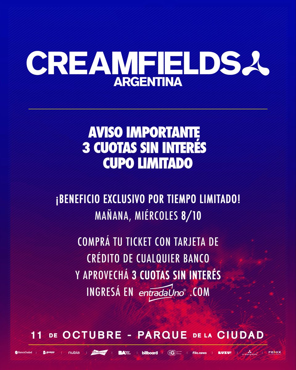 - AVISO IMPORTANTE - 
Mañana miércoles 08/10
*3 CUOTAS S/INTERES* con cualquier banco - CUPO LIMITADO - 
En <a href="/entradaunocom/">Entrada Uno</a>