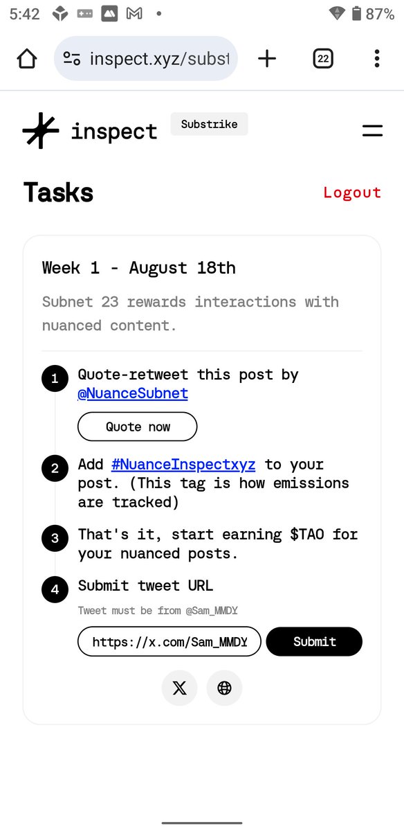 Sam_MMDY's tweet image. Strike gold with @inspectxyz
&apos;s Substrike! Mine $TAO using your X posts—no fancy hardware! Quote @NuanceSubnet
 with #NuanceInspectxyz, link your wallet, and cash in on Bittensor Subnet 23. 200k+ miners are in! Dive in at inspect.xyz/substrike. #Web3 #AI