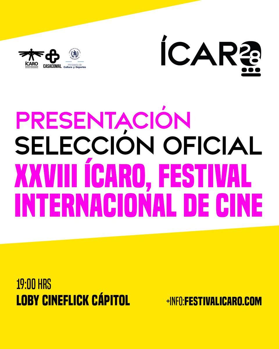 PROGRAMACIÓN 11 OCTUBRE🍿

📍CINEFLICK CÁPITOL 
🗓️SÁBADO 11 Oct
🕝 14:00, 16:00 y 18:00 HRS
Tendremos salas paralelas proyectando 🎟️
🕝19:00 HRS: presentación selección oficial de la Vigésima octava edición del Ícaro, Festival Internacional de Cine

+INFO: festivalicaro.com