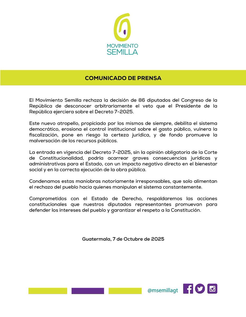 Rechazamos la decisión de 86 diputados de desconocer arbitrariamente el veto presidencial al Decreto 7-2025.