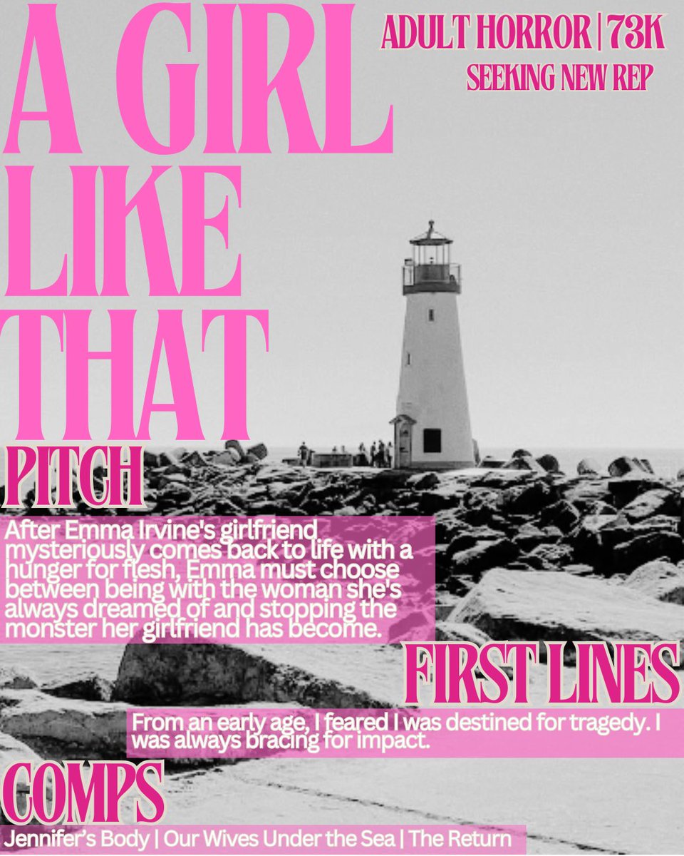 graceks13's tweet image. after amicably parting ways with my agent, i&apos;m seeking new rep for A GIRL LIKE THAT, an adult horror (73k) featuring:

murder
an old lighthouse
creepy caves
toxic friendships
one dead girl who won&apos;t stay dead 

#agentsguide #amquerying