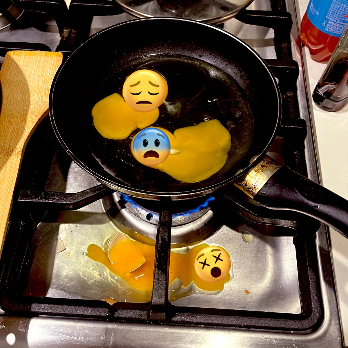 ihateslimy's tweet photo. and then i cracked 2 eggs in a pan and the third all over my stove top. as seen here. emojis and filter added for emotional effect https://t.co/LWZavt1hvf