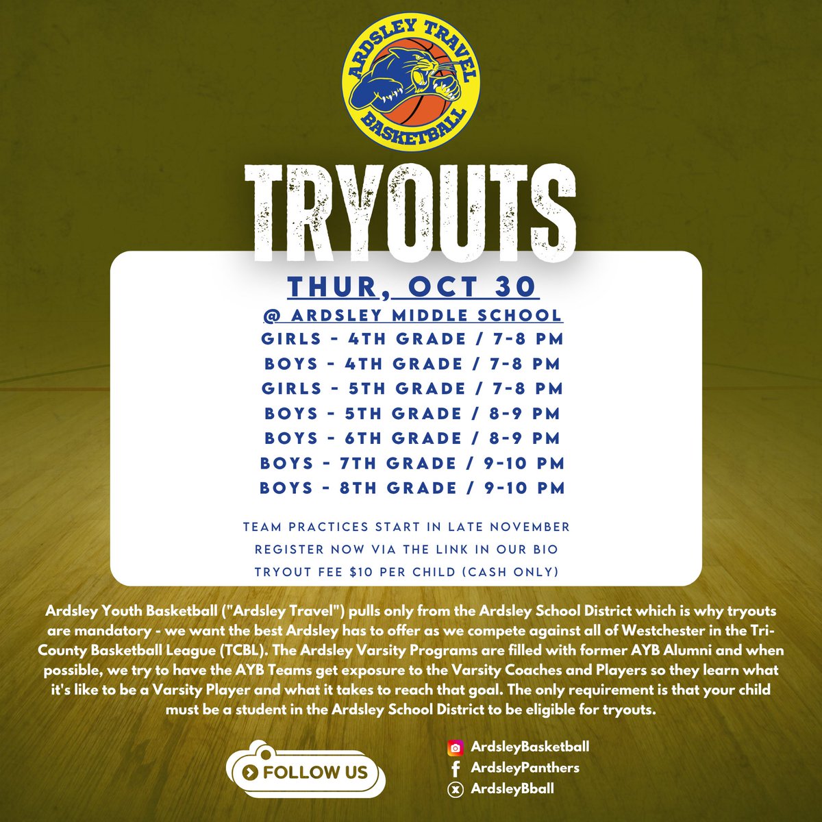 Ardsley Panthers Basketball 

Tryouts: Thursday, October 30th for Ardsley Students only!

Register in our bio. 

<a href="/DocBlockAUFSD/">Dr. Matt Block</a> <a href="/ArdsleySports/">Ardsley Sports</a> <a href="/GirlsHoopsAHS/">ArdsleyGirlsBasketball</a> <a href="/ardsleyvillage/">Village of Ardsley</a> <a href="/ArdsleyPanthers/">Ardsley Athletics</a>