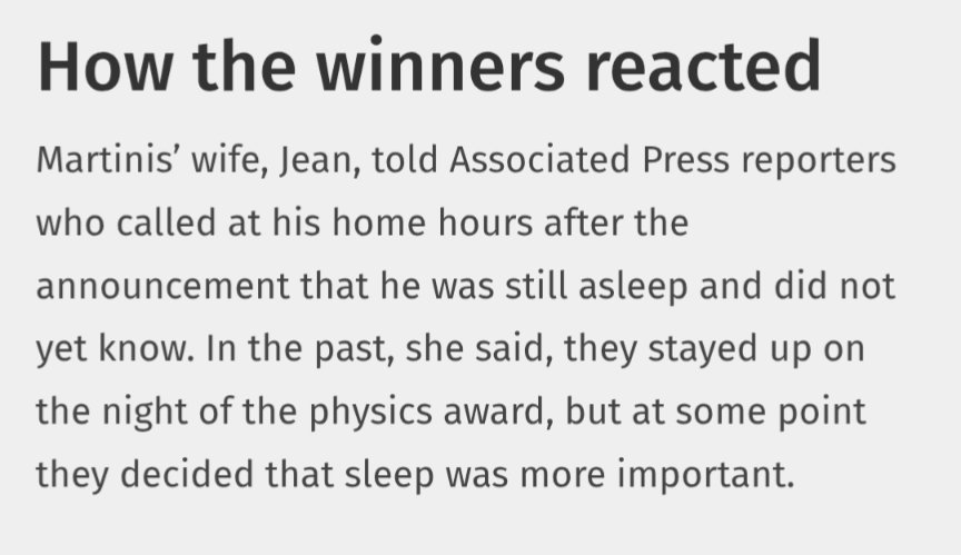 This is what John Martini's wife Jean had to say when asked about their reaction to the 2025 Physics Nobel win! 

I have something in common, at least 😛