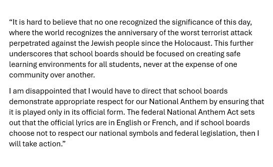 PaulCalandra's tweet image. See my statement below about the singing of the national anthem at a Toronto school this morning.