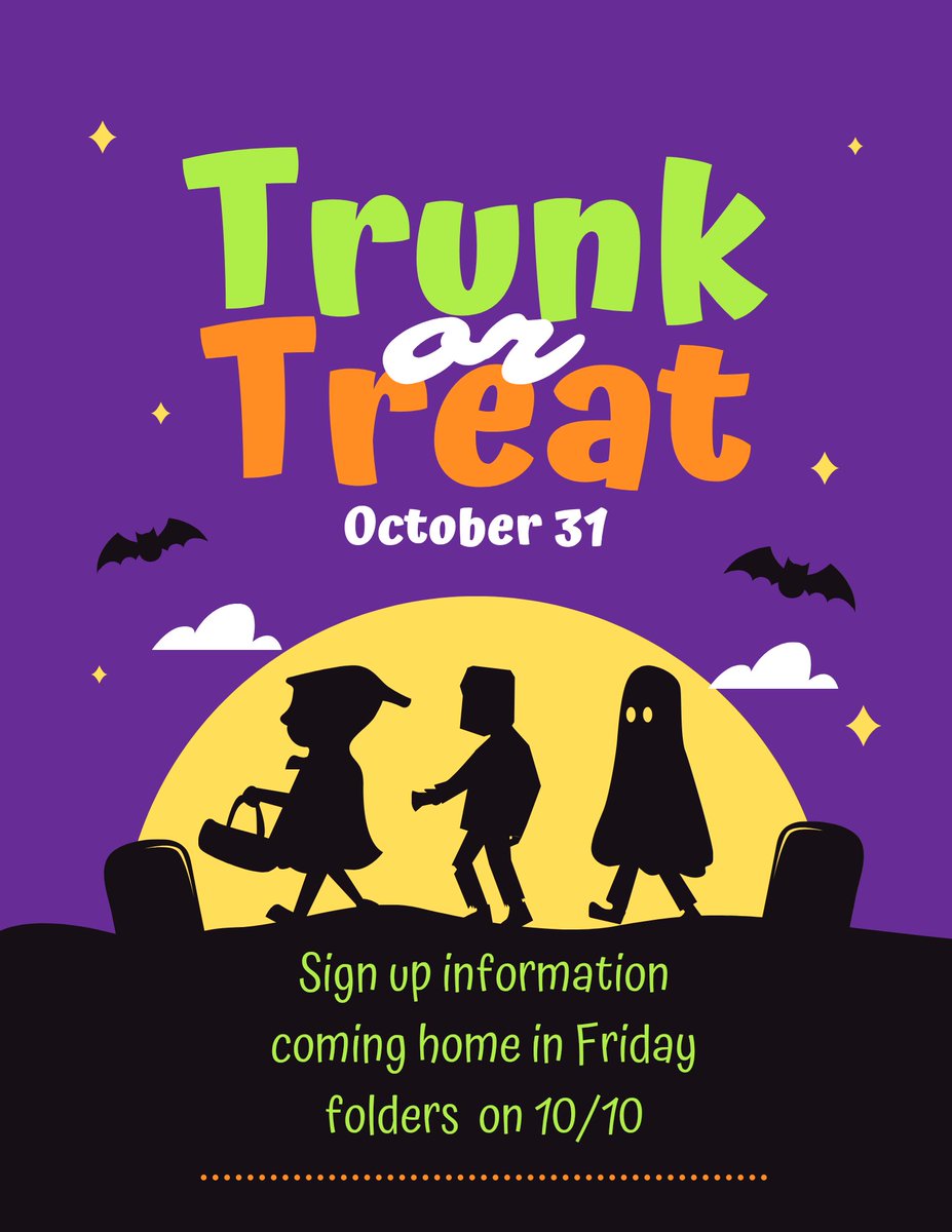🎃 It’s almost Trunk or Treat time! 👻

Sign-up information will be sent home in Friday folders on October 10th! Be sure to check your child’s folder for all the details on how you can join the fun — whether by decorating a trunk or donating candy. 🍬✨

#TrunkOrTreat  #FallFun