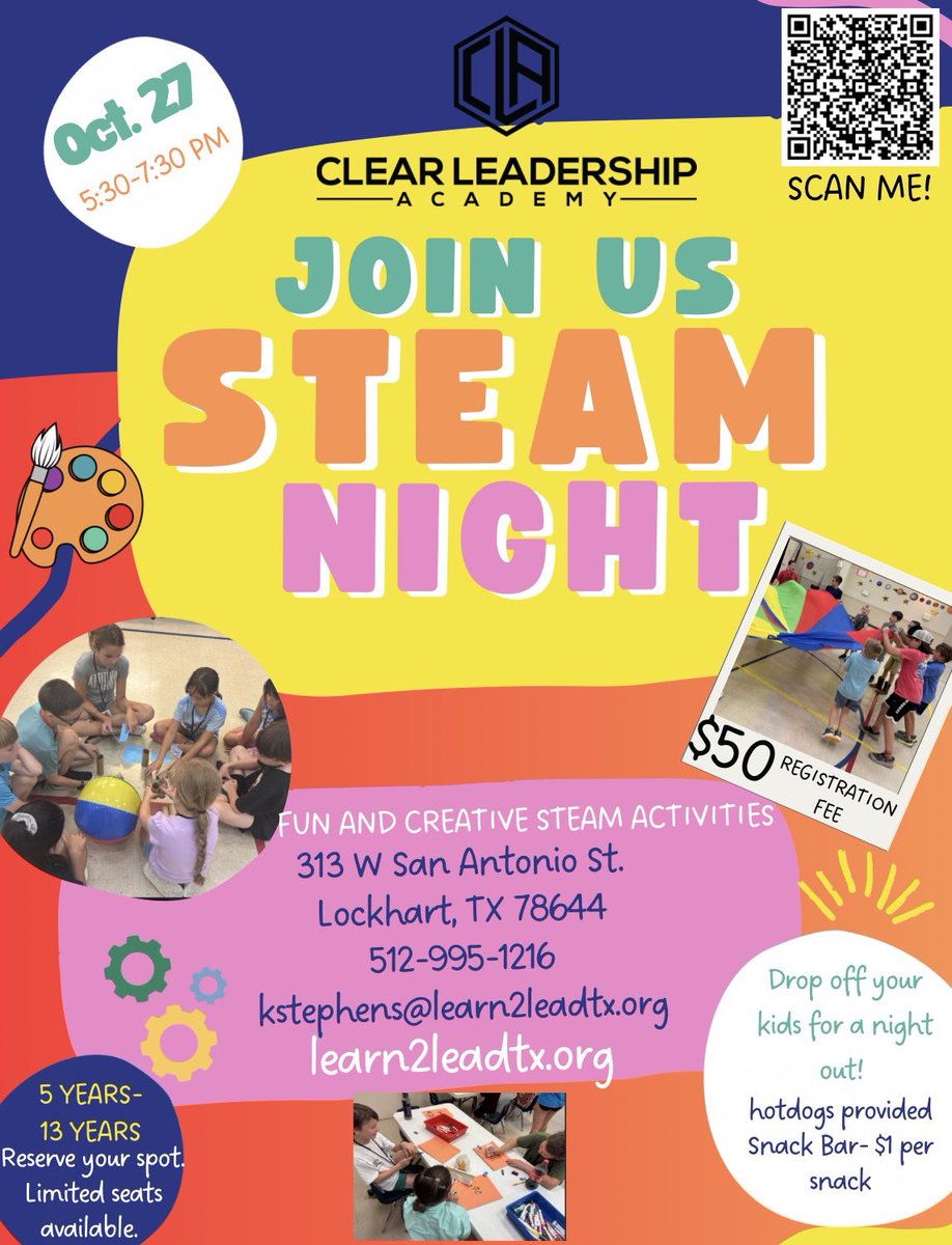 🎃👩‍🔬 STEAM Night is almost here!

Join us at CLEAR Leadership Academy on Monday, October 27th from 5:30–7:30 PM for a night full of fun, hands-on, Halloween-themed activities your kids will love! 🧪💡

Register your child today using the link below 👇

docs.google.com/forms/u/0/d/1Q…