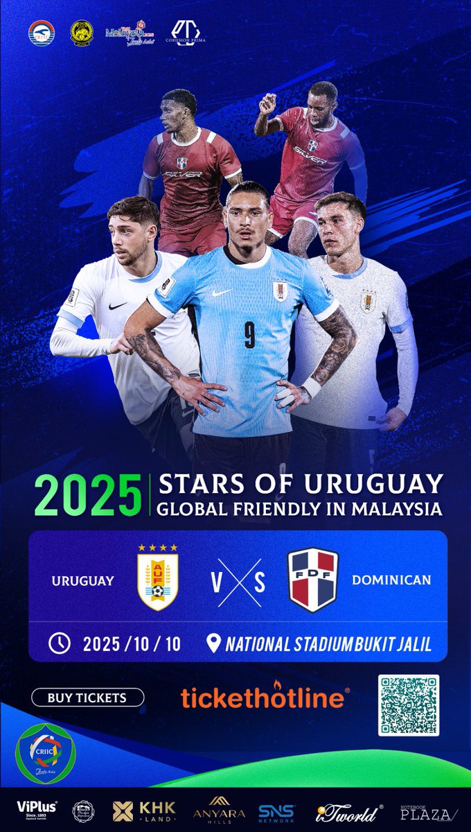 MattNoque's tweet image. ⚽🔥 Malaysia get readyyyyy!
#StarsOfUruguay2025 dah sampai!! 🇺🇾✨

📍 Match 1
Uruguay 🆚 Dominican Republic
🗓 10.10.2025
📌 National Stadium Bukit Jalil

📍 Match 2
Uruguay 🆚 Uzbekistan
🗓 13.10.2025
📌 Stadium Hang Jebat

🎟 Tiket jangan lambat!
tickethotline.com.my/events/dominic…