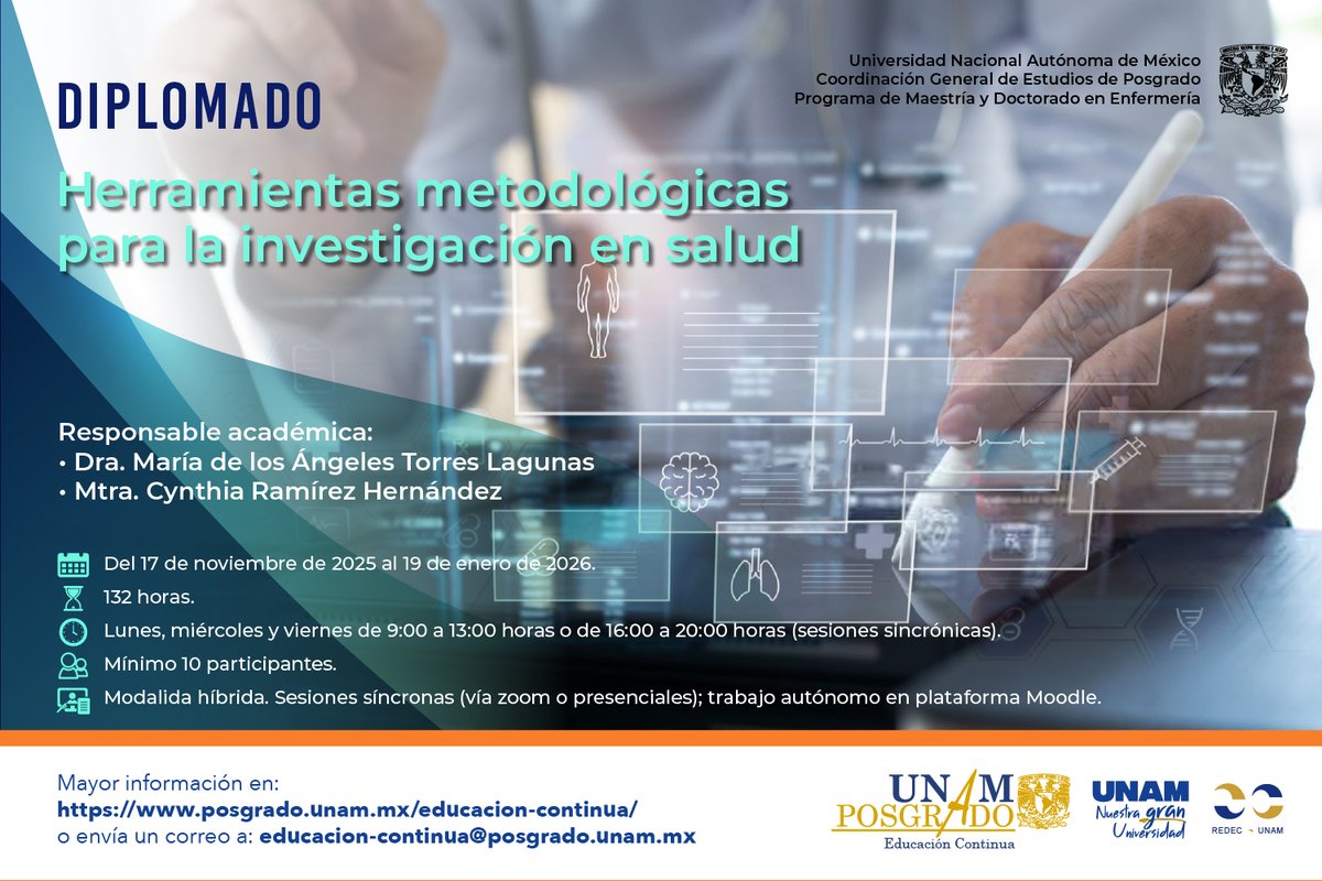 🩺 La ciencia al servicio del bienestar 💡
Desarrolla proyectos de investigación sólidos, éticos y con impacto social.
📚 Diplomado en Investigación en Salud.
¡Inscríbete y da el siguiente paso en tu carrera!
Informes: educacion-continua@posgrado.unam.mx
posgrado.unam.mx/oferta-academi…