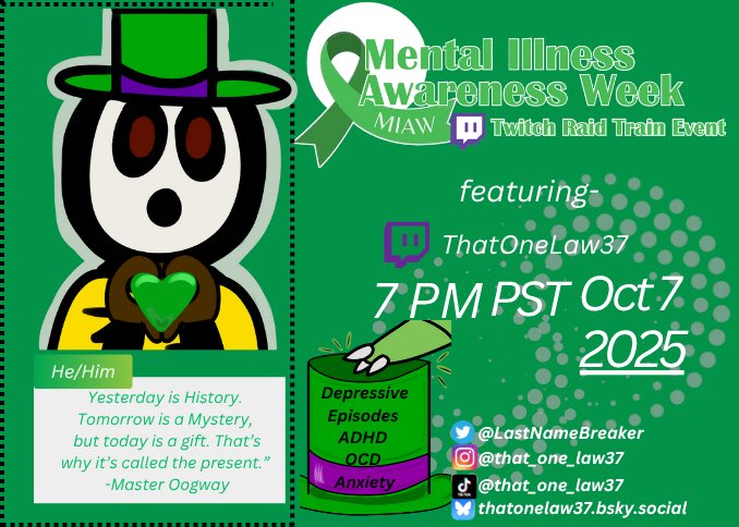 🎨GOING LIVE ON TWITCH🖌️

Going to discuss Mental Health for MIAW while doing some art! Come hang! 

twitch.tv/thatonelaw37 
Thank you <a href="/aridotrawr/">aridotrawr</a> for letting me be part of this!