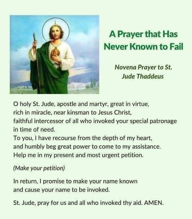 JustAdaugoijele's tweet photo. Saint Jude Thaddeus,  Hope of the hopeless and those in difficulties, 
Pray for us.  Amen https://t.co/q02OLpYO7e