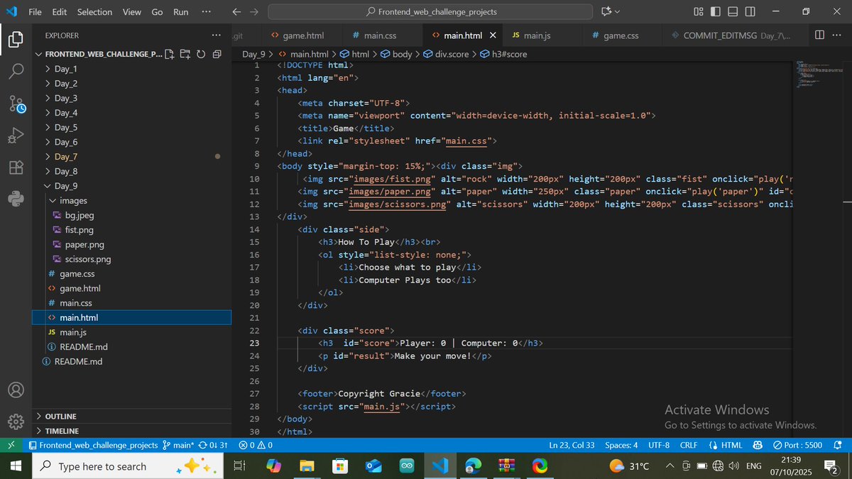 Gwacie11_11's tweet image. TASK FOR DAY 9:

MAKE A ROCK PAPER SCISSOR GAME

Used JS for scores tracking [At the top left corner].

#15DaysFrontendDevChallenge

#CodeChallenge
#FrontEndChallenge
#WebDevChallenge
#BuildInPublic
#WebDev
#NaijaDevs
#SteinAcademy