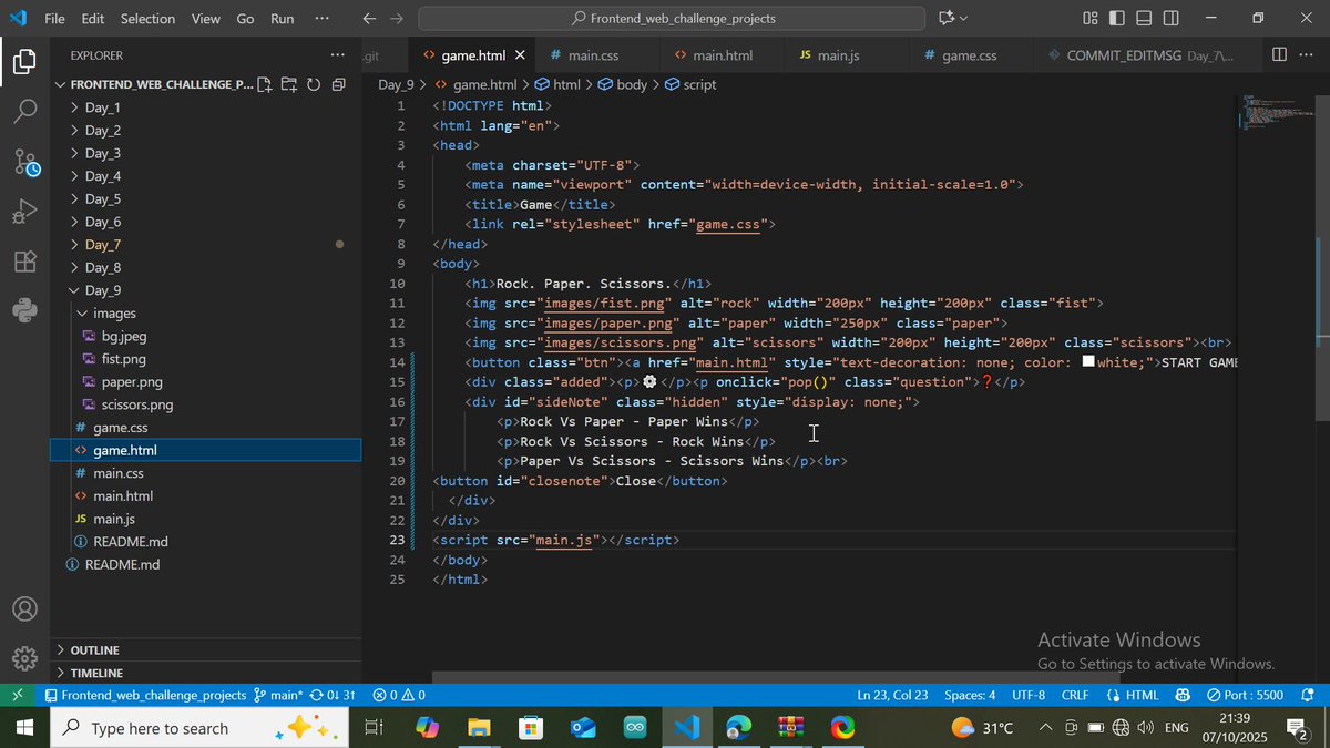 Gwacie11_11's tweet image. TASK FOR DAY 9:

MAKE A ROCK PAPER SCISSOR GAME

Used JS for scores tracking [At the top left corner].

#15DaysFrontendDevChallenge

#CodeChallenge
#FrontEndChallenge
#WebDevChallenge
#BuildInPublic
#WebDev
#NaijaDevs
#SteinAcademy