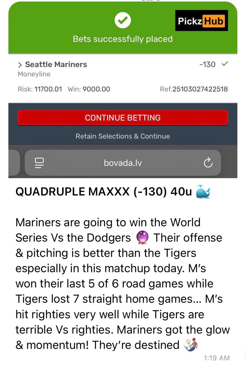 BANGGGGGGGG BLOWOUT WINNER FOR VIP!! 🤑

MARINERS (-130) QUADRUPLE MAXXX 40u 🐳✅

ITS NOT OVER BUT IT’S OVER LMFAO 8-1 🤣🔥

ANOTHER EASY BLOWOUT MLB LOCK TOMORROW!
GET IT CHEAP HERE! 🐳➡️ PickzHub.com