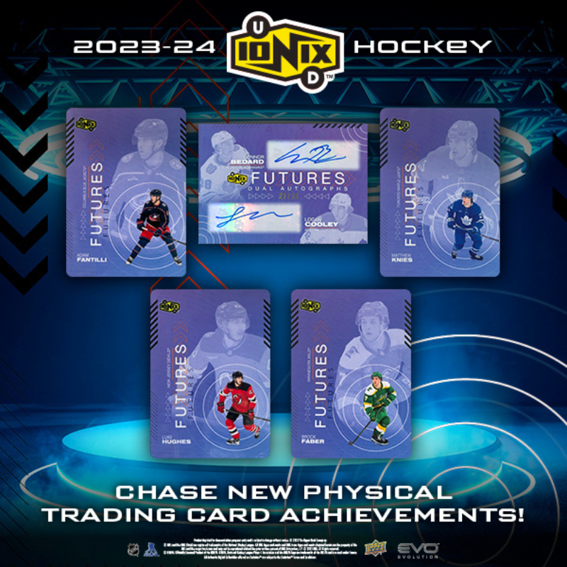 UpperDeckSports's tweet photo. 2023-24 Ionix hockey just leveled up with its latest achievement offering: premium, metal, physical redemption cards. The ultimate redemption is the Dual Futures Autograph Physical Achievement of Bedard and Cooley, limited and numbered to 25 copies