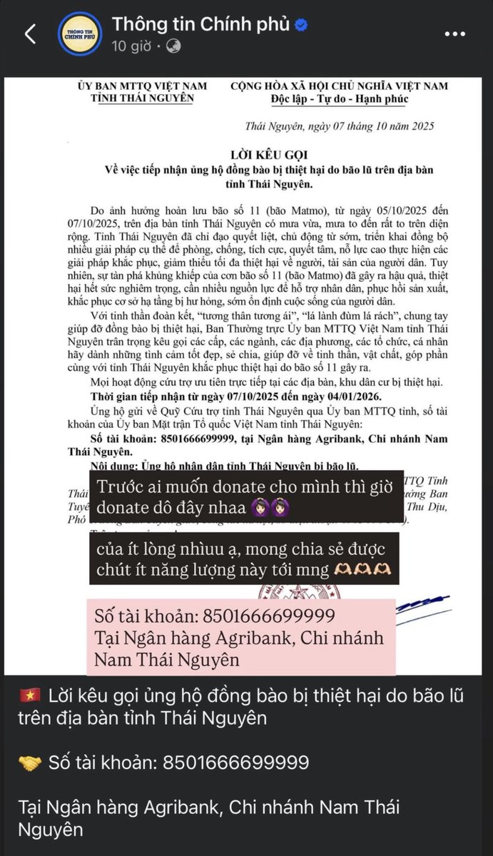 Đó giờ hân ít chia sẻ dạng bài như thế này, nmà mấy nay thấy nhiều nơi ảnh hưởng do bão quá nên hân muốn share nó tới mng

Hy vọng ai đọc đc sẽ chung tay ủng hộ để giúp đỡ mng phần nào, của ít lòng nhiều thui ạ 🙆🏻‍♀️🙆🏻‍♀️ 

love uuuuuu
