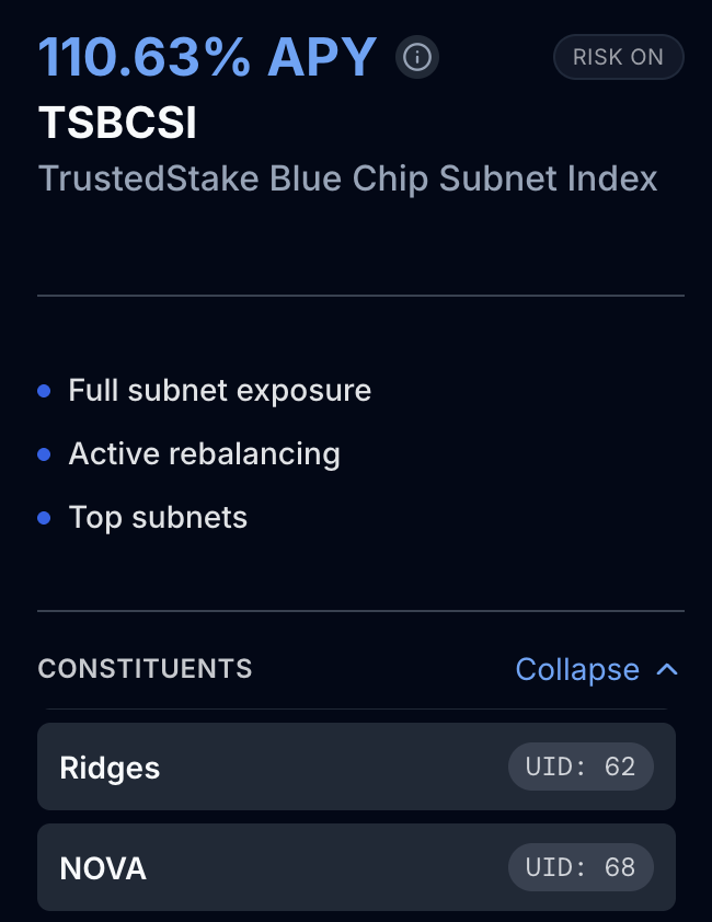 metanova_labs's tweet photo. $NOVA is now featured in 4 of @TrustedStake automated strategies for maximizing $TAO returns:

-TrustedStake Blue Chip Subnet Index
-Doug's (@cisterciansis) picks
-TSDCA Blue Chips
-Bittensor Universe https://t.co/Lq76zuuxzu