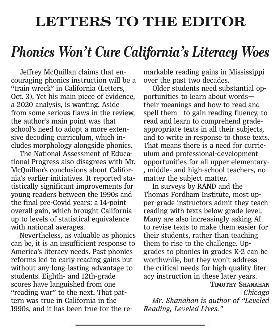 BackSeatLing's tweet photo. Shanahan Responds to My WSJ Letter, and Now I’ve Got Whiplash 🧵1/16
The WSJ just ran a longish rebuttal by .@ReadingShanahan to my short letter on phonics in California. I find his piece hard to respond to—mostly because I’m not quite sure what points he’s trying to make. https://t.co/jhgrPEnHlu
